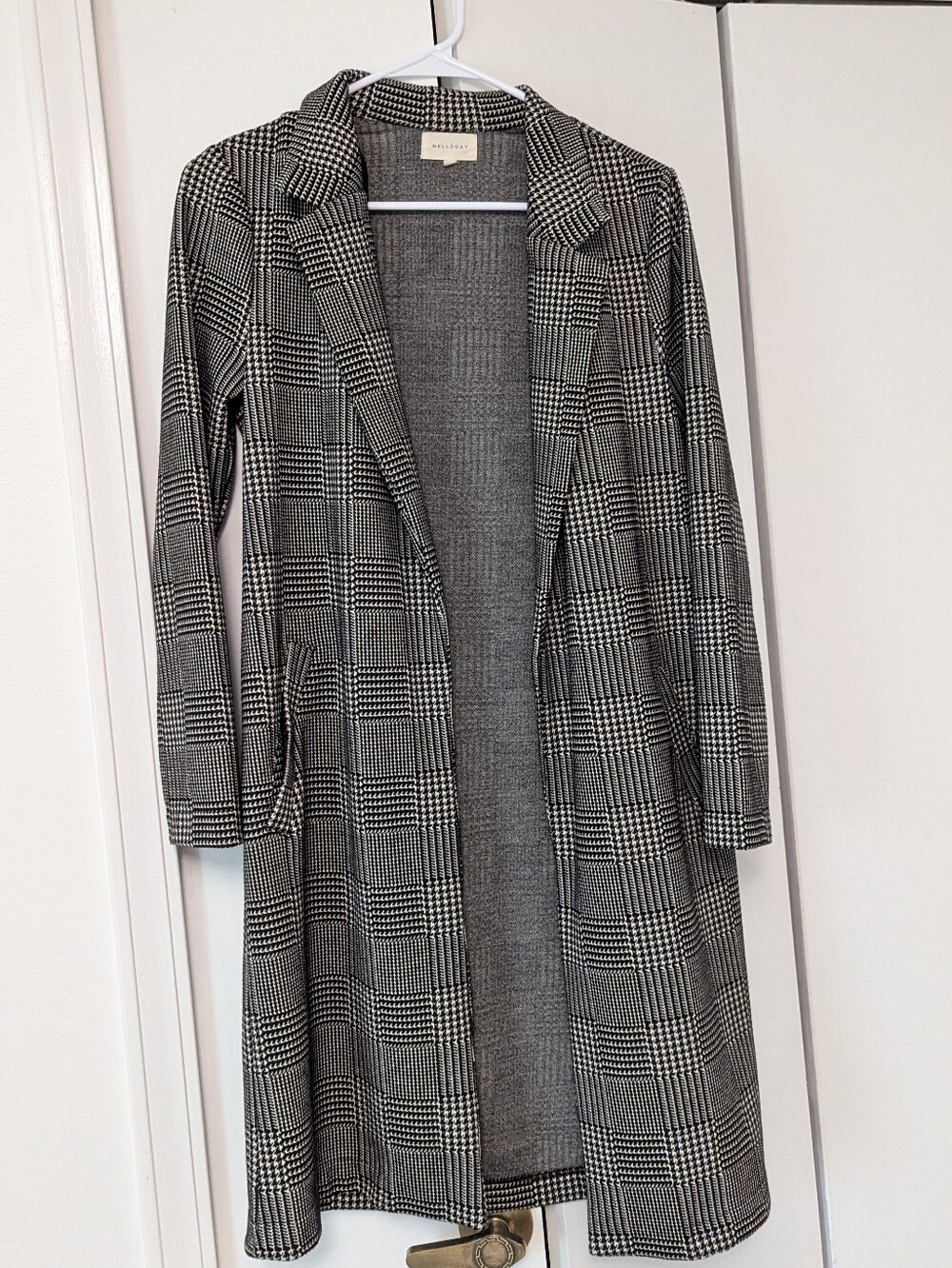 Melloday Women's Long Plaid Black & Cream Coatigan Size XS EUC!